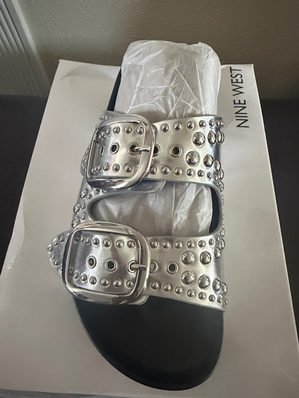 Nine West Silver Studded Double Buckle Slide